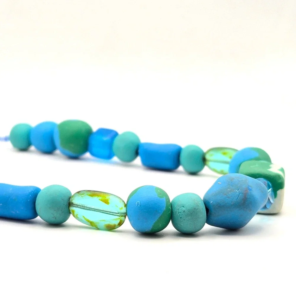 Handmade‎ Blue Green Beaded Necklace Polymer Clay Glass Mixed Media 14 Inch